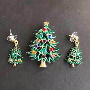 Festive Christmas tree jewelry set rhinestone ornaments brooch pierced earrings